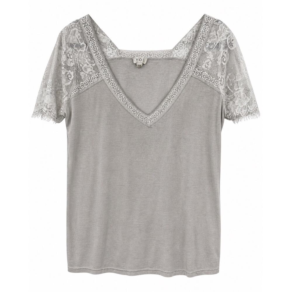 POL Sweetheart Confession Medium Gray Lace Sleeve V Neck Boho Coquette Fairycore